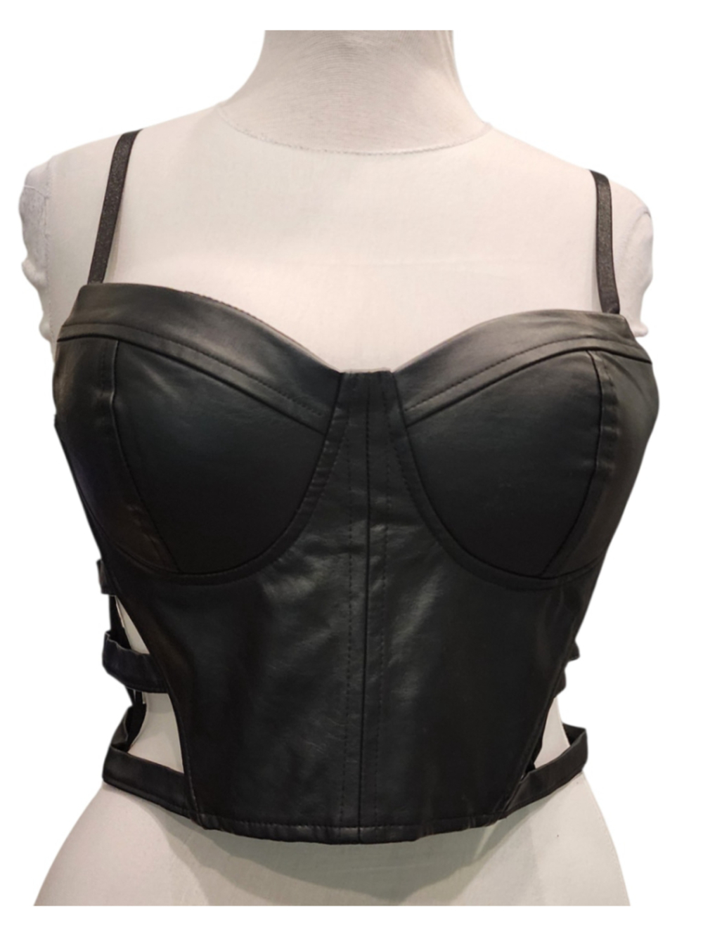 Say What? NY Black Faux Leather Corset Top Cutout Bustier L Biker Edgy Party